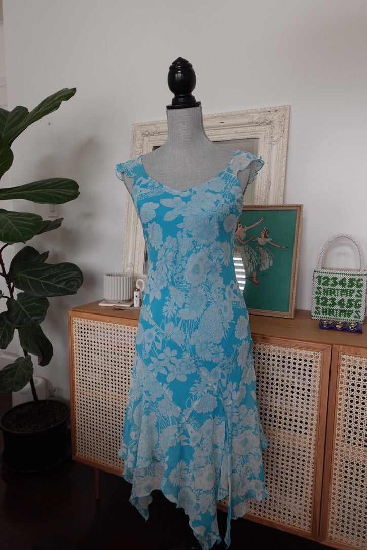 Blue Silk Floral Dress