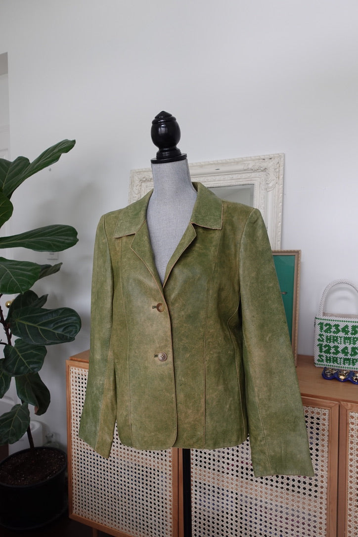 Green Acid Wash Leather Blazer