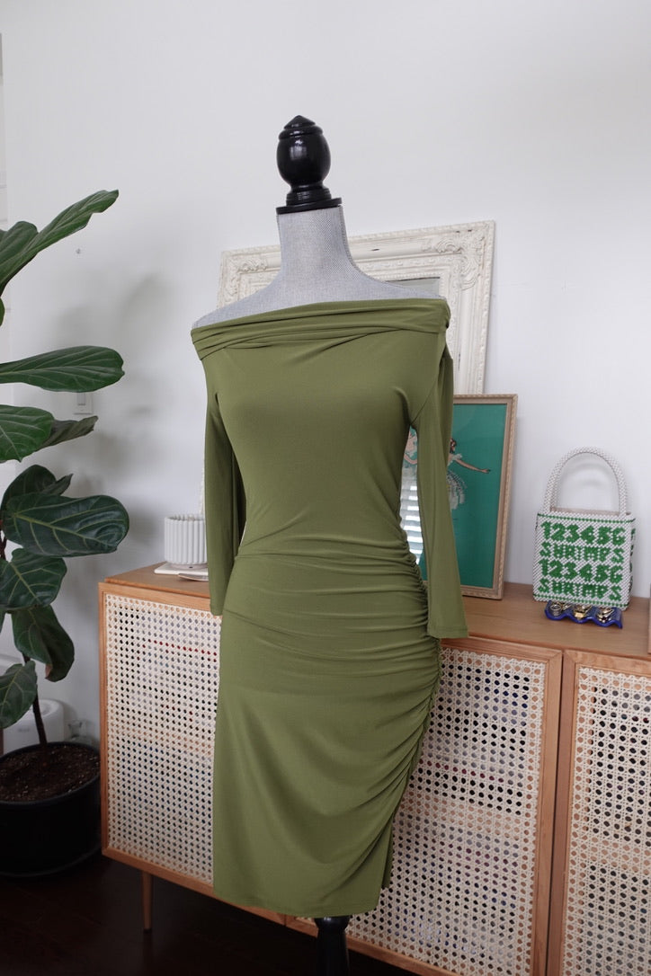 Green Ruched Cowl Neck Dress