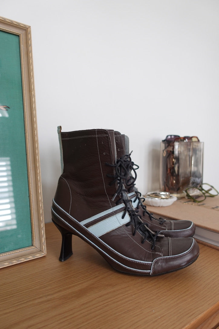 Brown and Baby Blue Leather Lace Up Heels