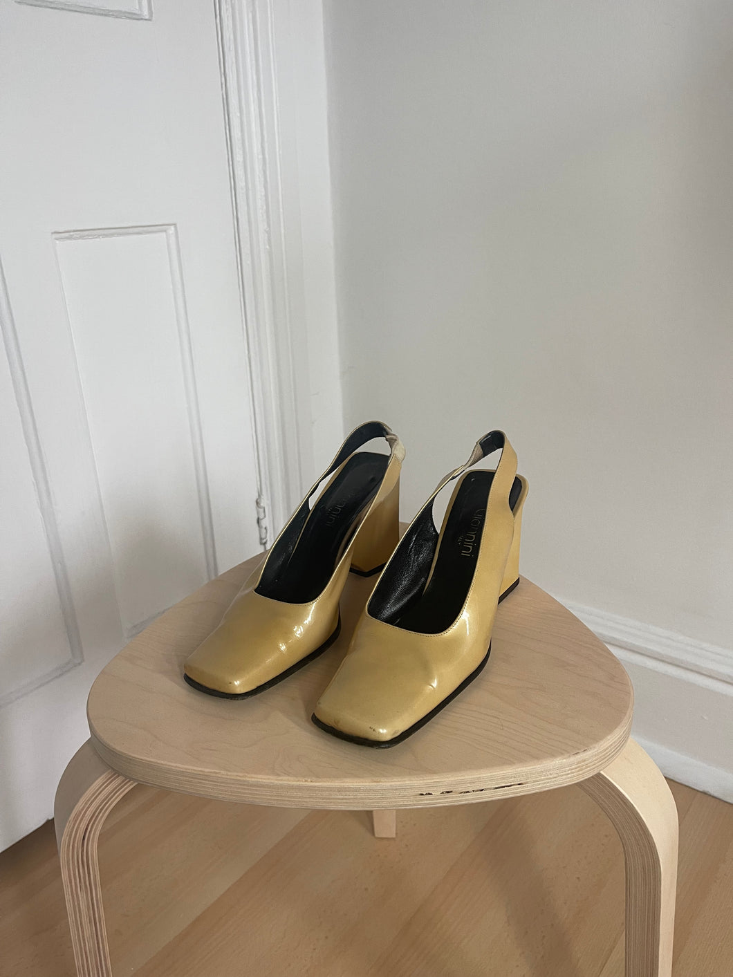 Champagne Patent Asymmetrical Heels