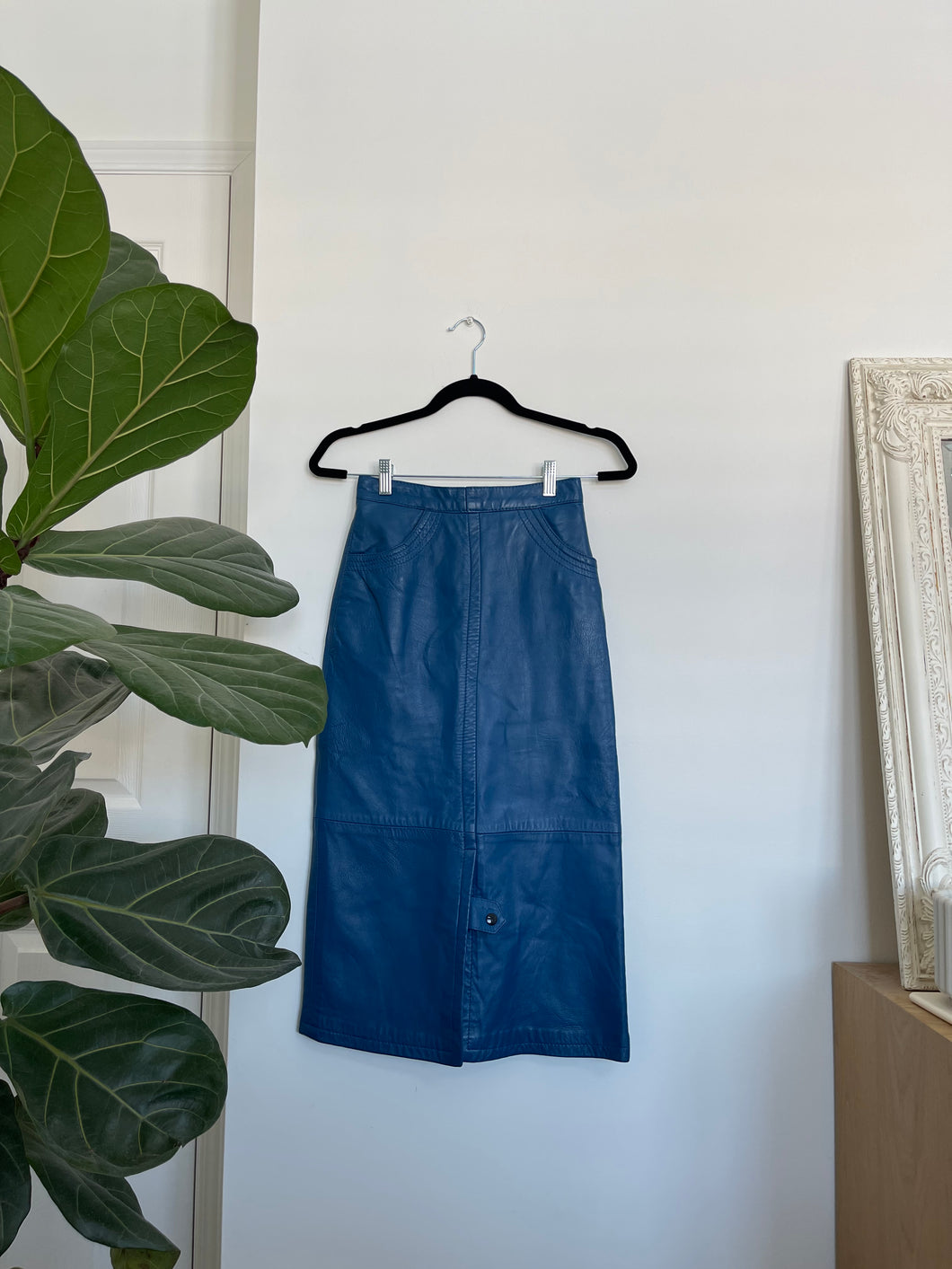 Vintage Blue Leather Midi Skirt